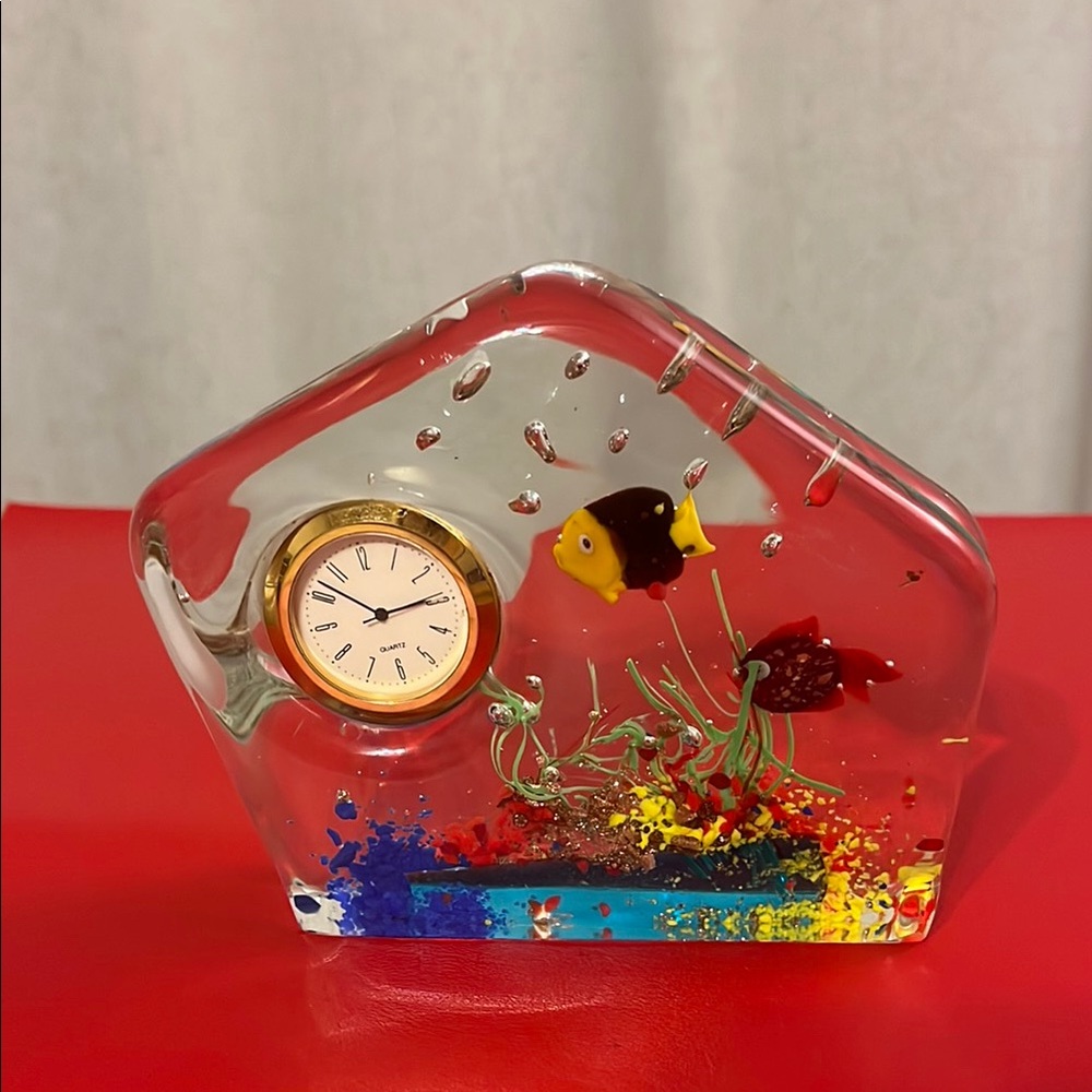 VINTAGE MURANO GLASS 2 FISH TANK AQUARIUM WITH CLOCK ITALIAN ART 100% AUTHENTIC
